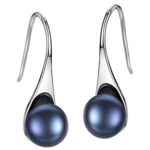 S925 Sterling Silver Freshwater Cultured Pearl Dangle Drop Earrings for Women AAA+ Quality 8mm Black Pearl Women's Earrings