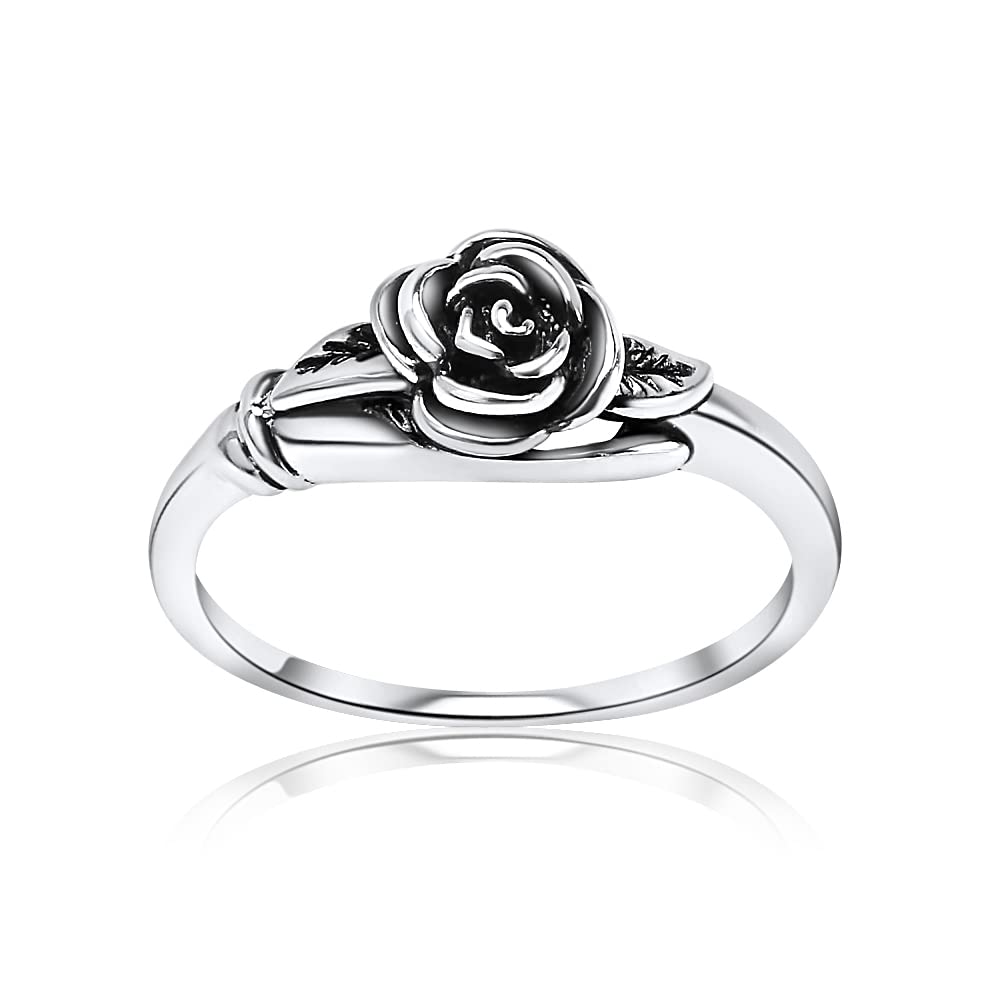 Hoops & Loops Sterling Silver Oxidized Flower Rose Ring, Size 6