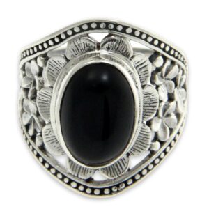 NOVICA Artisan Handmade Onyx Flower Ring Unique Sterling Silver Cocktail Black White Indonesia Floral Happiness Birthstone [crownbezel 0.9 in L x 0.8 in W x 0.2 in H Band Width 3 mm W] ' Frangipani