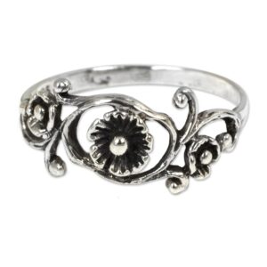 NOVICA Artisan Handmade Sterling Silver Flower Ring Floral Band from Thailand No Stone [crownbezel 0.3 in L x 0.7 in W Band Width 2 mm W] ' Lotus Rose'