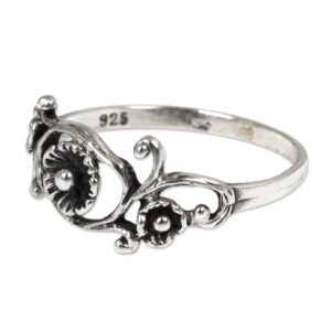 NOVICA Artisan Handmade Sterling Silver Flower Ring Floral Band from Thailand No Stone [crownbezel 0.3 in L x 0.7 in W Band Width 2 mm W] ' Lotus Rose'