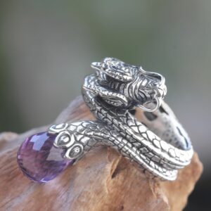 NOVICA Artisan Handmade .925 Sterling Silver Amethyst Cocktail Ring Original Artisan Crafted Dragon with Purple Indonesia Animal Themed Birthstone 'Royal Dragon'