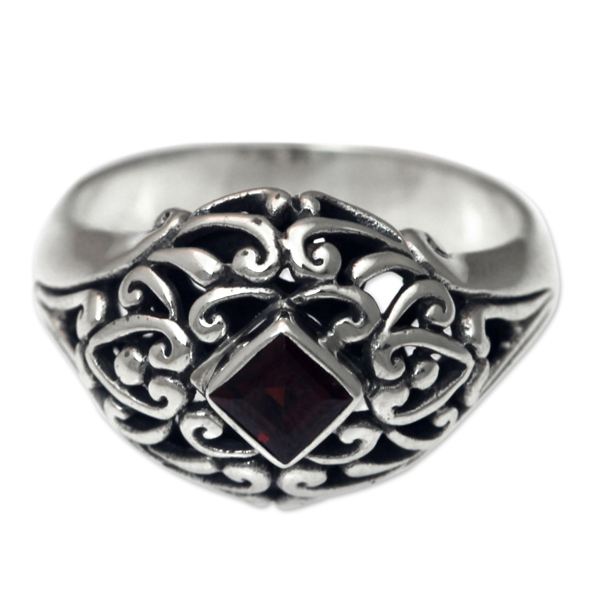 NOVICA Artisan Handmade Garnet Dome Ring Sterling Silver Artisan Crafted Jewelry Red Domed Single Stone Cocktail Indonesia Birthstone [crownbezel 0.5 in L x 0.6 in W x 0.2 in H Band Width 4 mm W] '