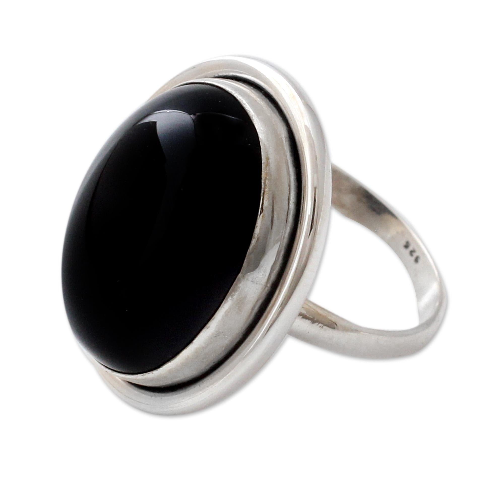 NOVICA Artisan Handmade Onyx Cocktail Ring Fair Trade Sterling Silver Black Single Stone India Modern Birthstone [crownbezel 1 in L x 0.8 in W x 0.2 in H Band Width 3 mm W] ' Universe'