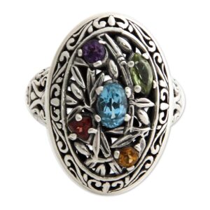 NOVICA Artisan Handmade Blue Topaz Peridot Cocktail Ring Silver Multigem Sterling Amethyst Garnet Citrine Multicolor Indonesia Floral Birthstone [crownbezel 1 in L x 0.7 in W x 0.3 in H Band Width 4 ]