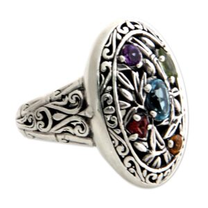 NOVICA Artisan Handmade Blue Topaz Peridot Cocktail Ring Silver Multigem Sterling Amethyst Garnet Citrine Multicolor Indonesia Floral Birthstone [crownbezel 1 in L x 0.7 in W x 0.3 in H Band Width 4 ]