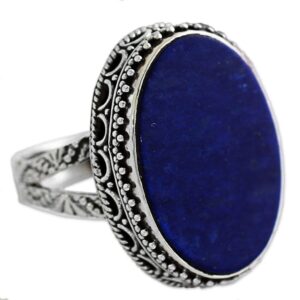 NOVICA Artisan Handmade .925 Sterling Silver Lapis Lazuli Cocktail Ring Blue Oval India River side Birthstone [1 in L x 0.8 in W x 0.2 in H] 'Pool of Memories'