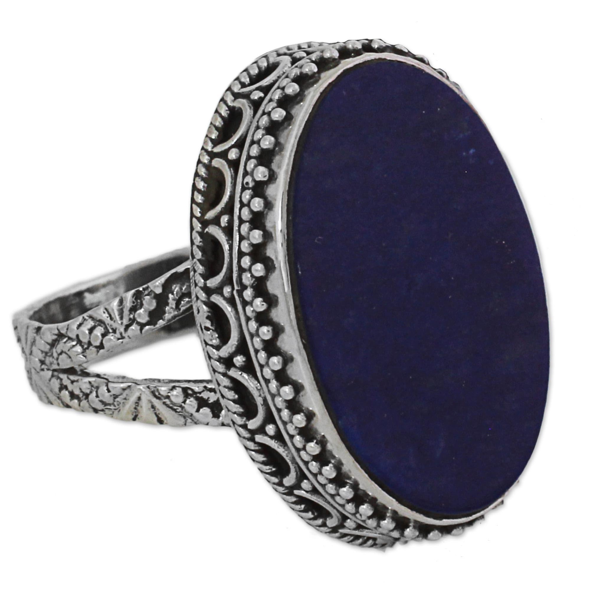 NOVICA Artisan Handmade .925 Sterling Silver Lapis Lazuli Cocktail Ring Blue Oval India River side Birthstone [1 in L x 0.8 in W x 0.2 in H] 'Pool of Memories'