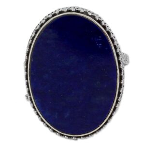 NOVICA Artisan Handmade .925 Sterling Silver Lapis Lazuli Cocktail Ring Blue Oval India River side Birthstone [1 in L x 0.8 in W x 0.2 in H] 'Pool of Memories'