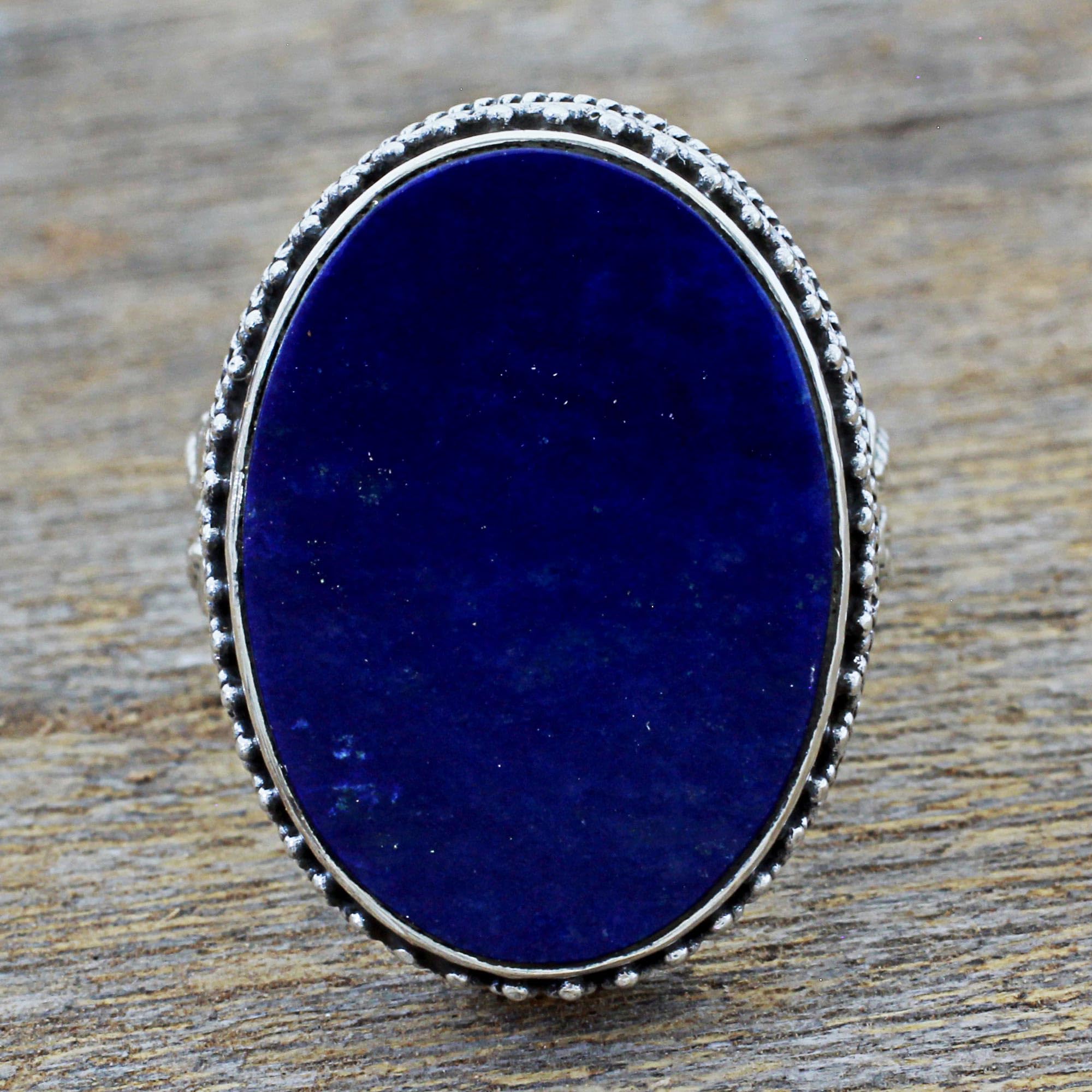 NOVICA Artisan Handmade .925 Sterling Silver Lapis Lazuli Cocktail Ring Blue Oval India River side Birthstone [1 in L x 0.8 in W x 0.2 in H] 'Pool of Memories'