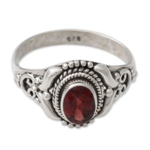 novica artisan handmade garnet cocktail ring traditional style silver india sterling red single stone marsala fiesta aurora birthstone [ring front 0.5 in l x 0.4 in w x 0.2 in h band width 3 mm w] '