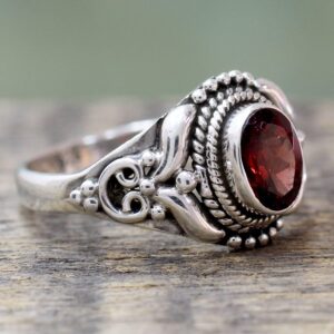 NOVICA Artisan Handmade Garnet Cocktail Ring Traditional Style Silver India Sterling Red Single Stone Marsala Fiesta Aurora Birthstone [ring Front 0.5 in L x 0.4 in W x 0.2 in H Band Width 3 mm W] '