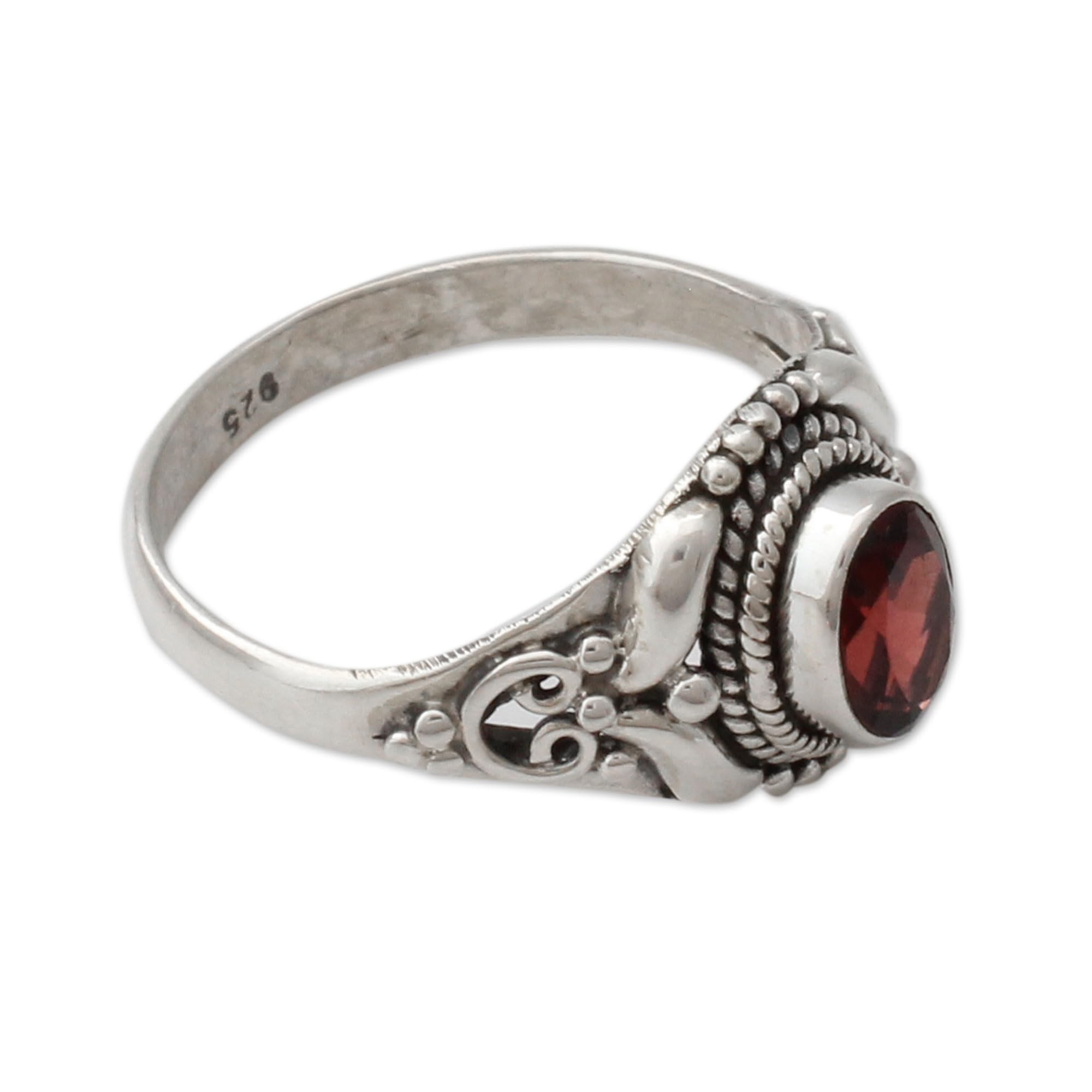 NOVICA Artisan Handmade Garnet Cocktail Ring Traditional Style Silver India Sterling Red Single Stone Marsala Fiesta Aurora Birthstone [ring Front 0.5 in L x 0.4 in W x 0.2 in H Band Width 3 mm W] '