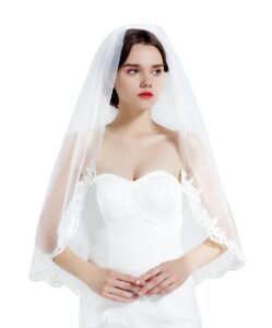 beautelicate wedding bridal veil with comb 1 tier lace applique edge fingertip length 36" ivory