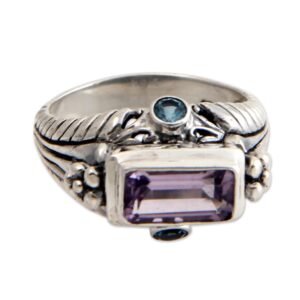 NOVICA Artisan Handmade Amethyst Blue Topaz Cocktail Ring Sterling Silver Purple Indonesia Birthstone [crownbezel 0.8 in L x 0.3 in W x 0.3 in H Band Width 4 mm W] ' Sea Temple'