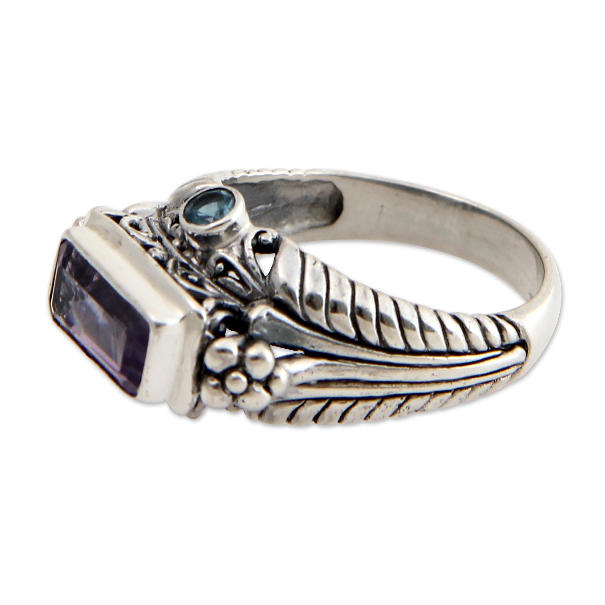 NOVICA Artisan Handmade Amethyst Blue Topaz Cocktail Ring Sterling Silver Purple Indonesia Birthstone [crownbezel 0.8 in L x 0.3 in W x 0.3 in H Band Width 4 mm W] ' Sea Temple'