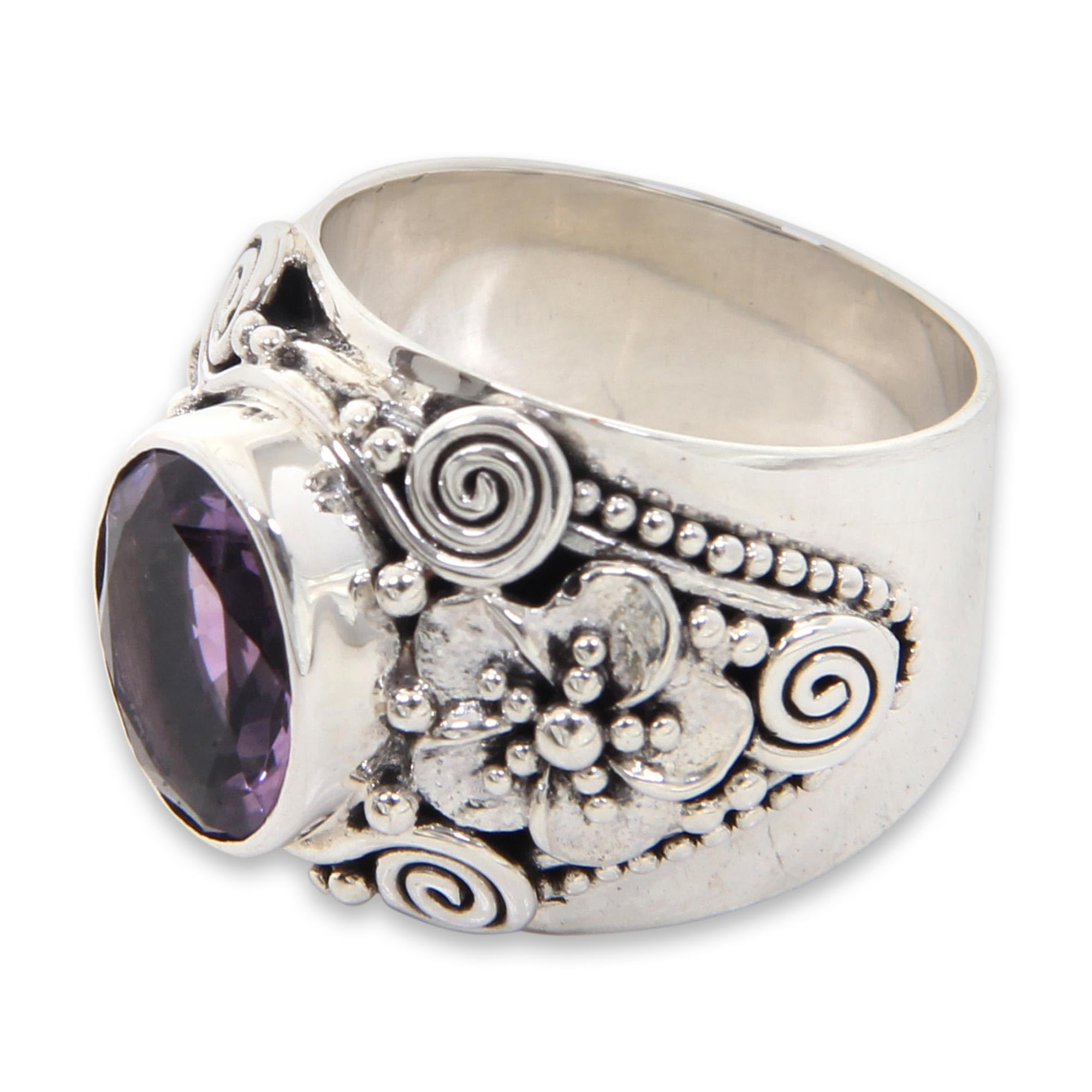 NOVICA Artisan Handmade Amethyst Cocktail Ring Floral .925 Sterling Silver Faceted from Bali Purple Single Stone Indonesia Birthstone 'Lilac Frangipani'