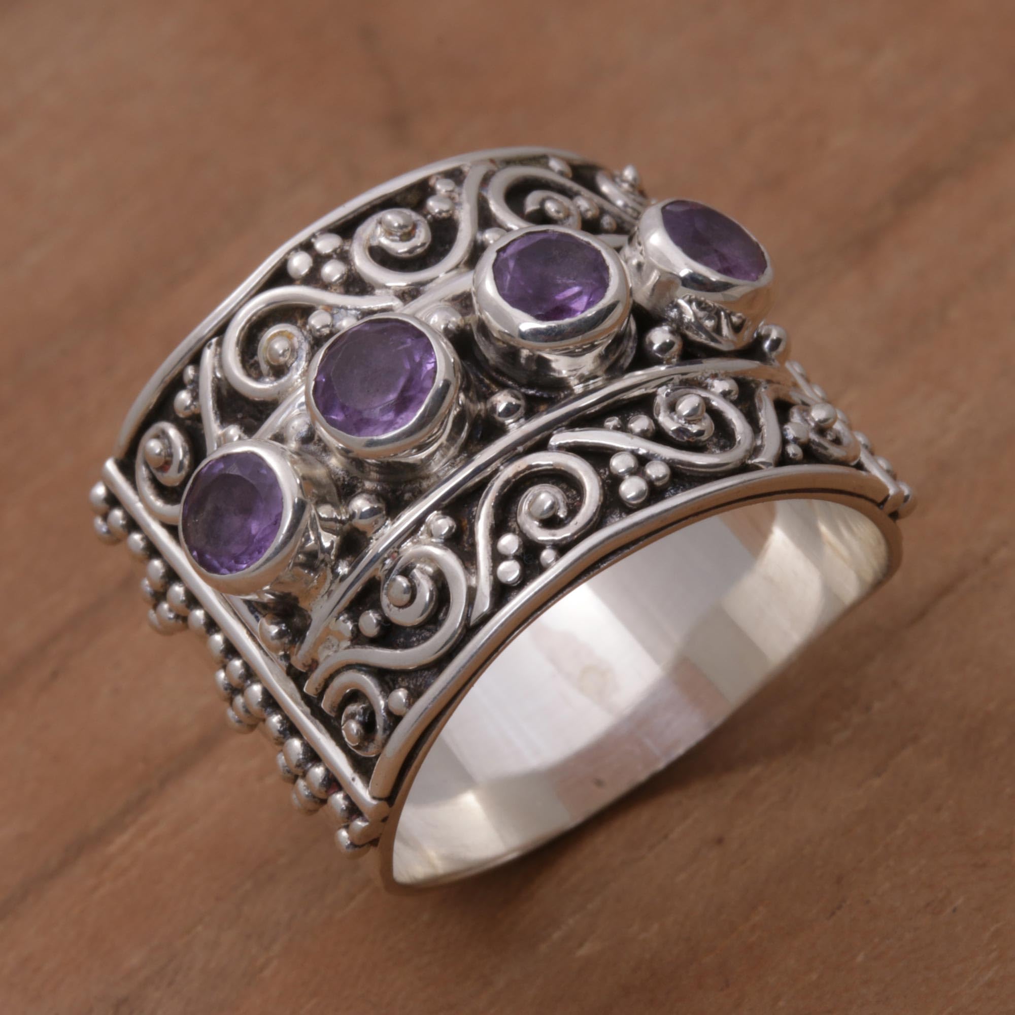 NOVICA Artisan Handmade Amethyst Cocktail Ring Sterling Silver Multistone from Bali Purple Band Indonesia Ultra Violet Birthstone [ring Front 0.6 in L x 0.8 in W x 0.2 in H Band Width 9 mm W] '