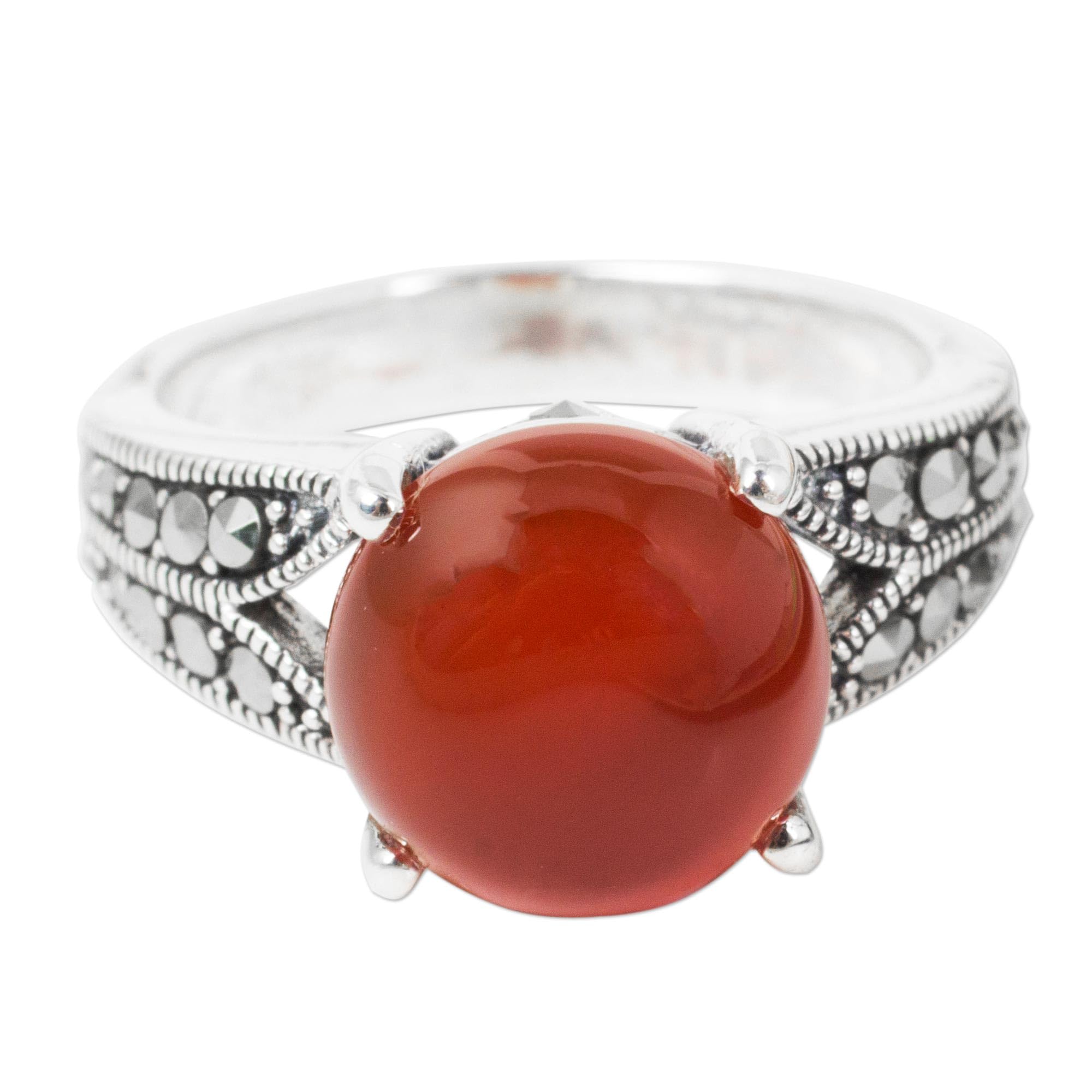 NOVICA Artisan Handmade .925 Sterling Silver Carnelian Single Stone Ring Marcasite Thai Style Orange Grey Red Thailand Birthstone 'Marigold'