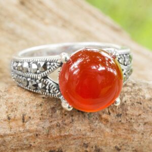 NOVICA Artisan Handmade .925 Sterling Silver Carnelian Single Stone Ring Marcasite Thai Style Orange Grey Red Thailand Birthstone 'Marigold'