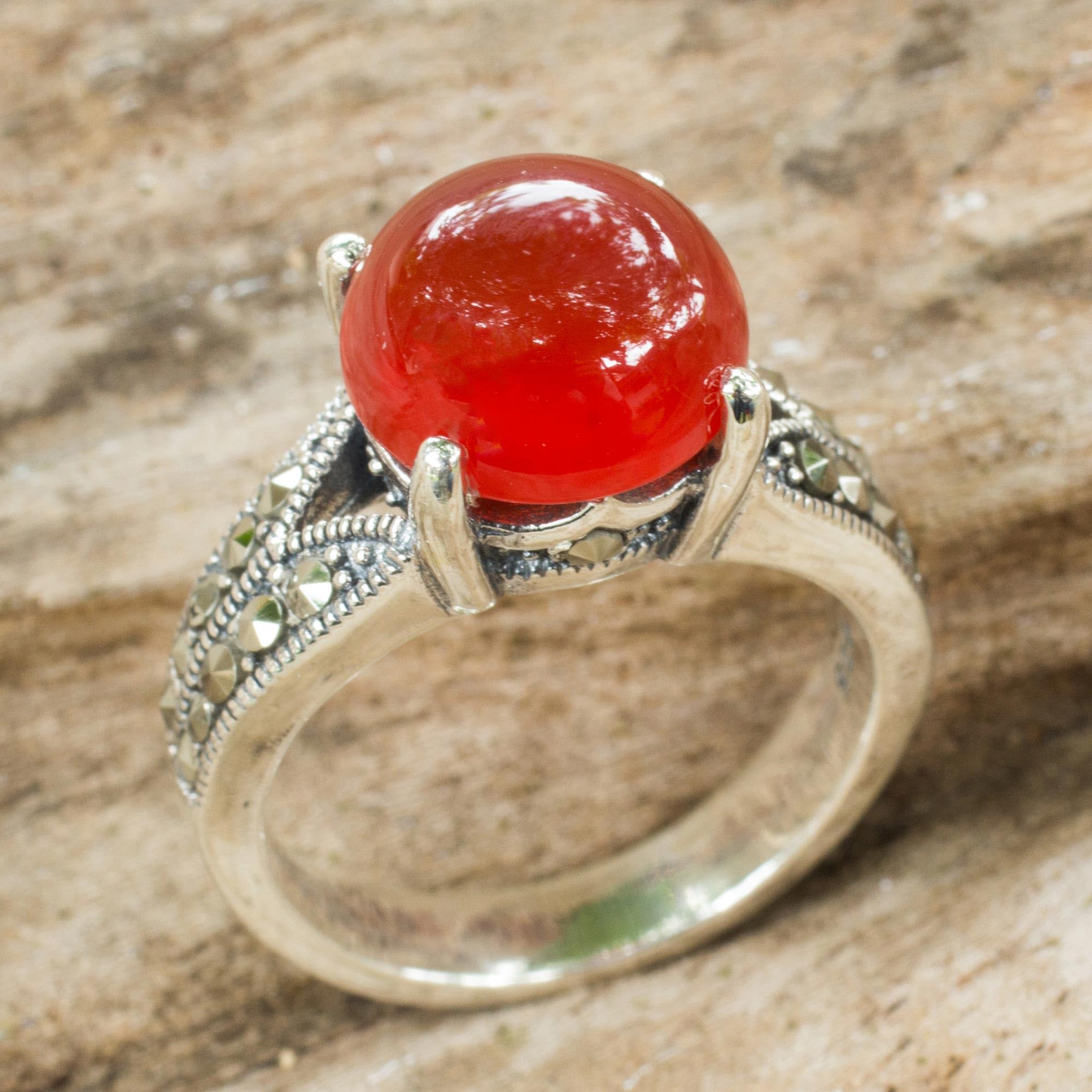 NOVICA Artisan Handmade .925 Sterling Silver Carnelian Single Stone Ring Marcasite Thai Style Orange Grey Red Thailand Birthstone 'Marigold'