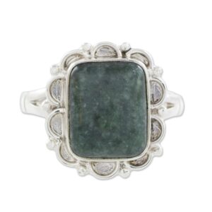 NOVICA Artisan Handmade Jade Cocktail Ring Guatemalan Dark Green Sterling Silver Single Stone [crownbezel 0.7 in L x 0.6 in W x 0.2 in H Band Width 3 mm W] ' Maya Zinnia'