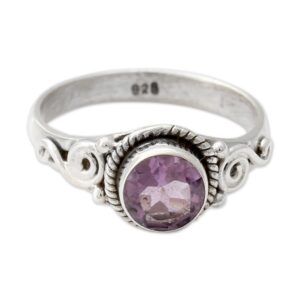 novica artisan handmade amethyst cocktail ring artisan crafted silver from india sterling purple single stone birthstone [ring front 0.2 in h x 0.3 in diam. band width 3 mm w] ' assam orchid'