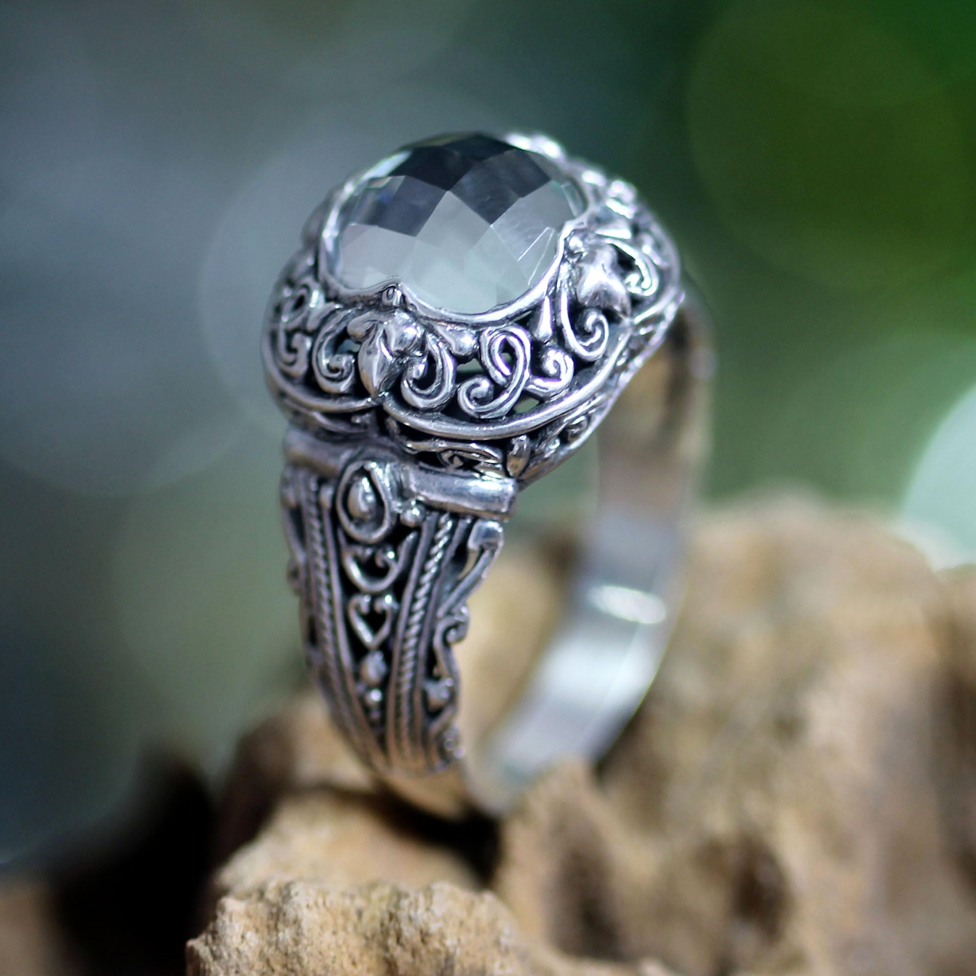 NOVICA Artisan Handmade Prasiolite Ring Sterling Silver Cocktail Green Single Stone Indonesia [crownbezel 0.6 in L x 0.6 in W x 0.4 in H Band Width 3 mm W] ' Nature' S Divinity'