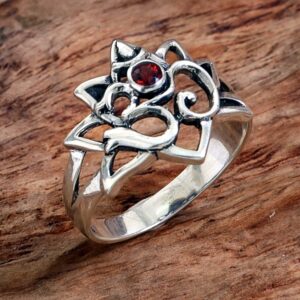 NOVICA Artisan Handmade Garnet Cocktail Ring .925 Sterling Silver from Indonesia Red Thought Meditation Yoga Birthstone Spiritual Inspirational 'Jeweled Om'