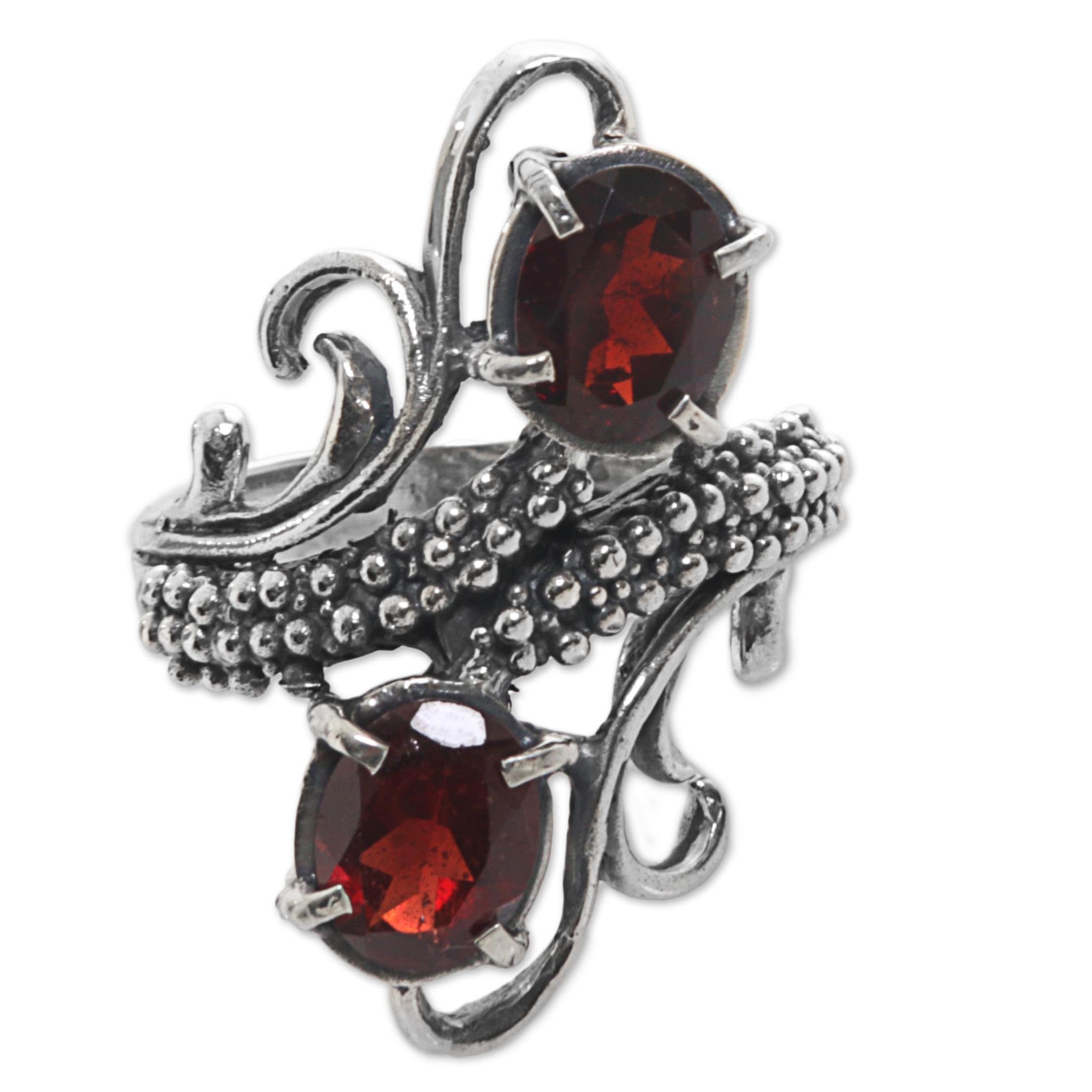 NOVICA Artisan Handmade Garnet Cocktail Ring from Indonesia Sterling Silver Red Multi Stone Aurora Birthstone [ring Front 1.3 in H x 0.9 in W x 0.3 in D Band Width 4 mm W] ' Magical Union in Red'