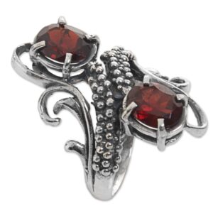 NOVICA Artisan Handmade Garnet Cocktail Ring from Indonesia Sterling Silver Red Multi Stone Aurora Birthstone [ring Front 1.3 in H x 0.9 in W x 0.3 in D Band Width 4 mm W] ' Magical Union in Red'