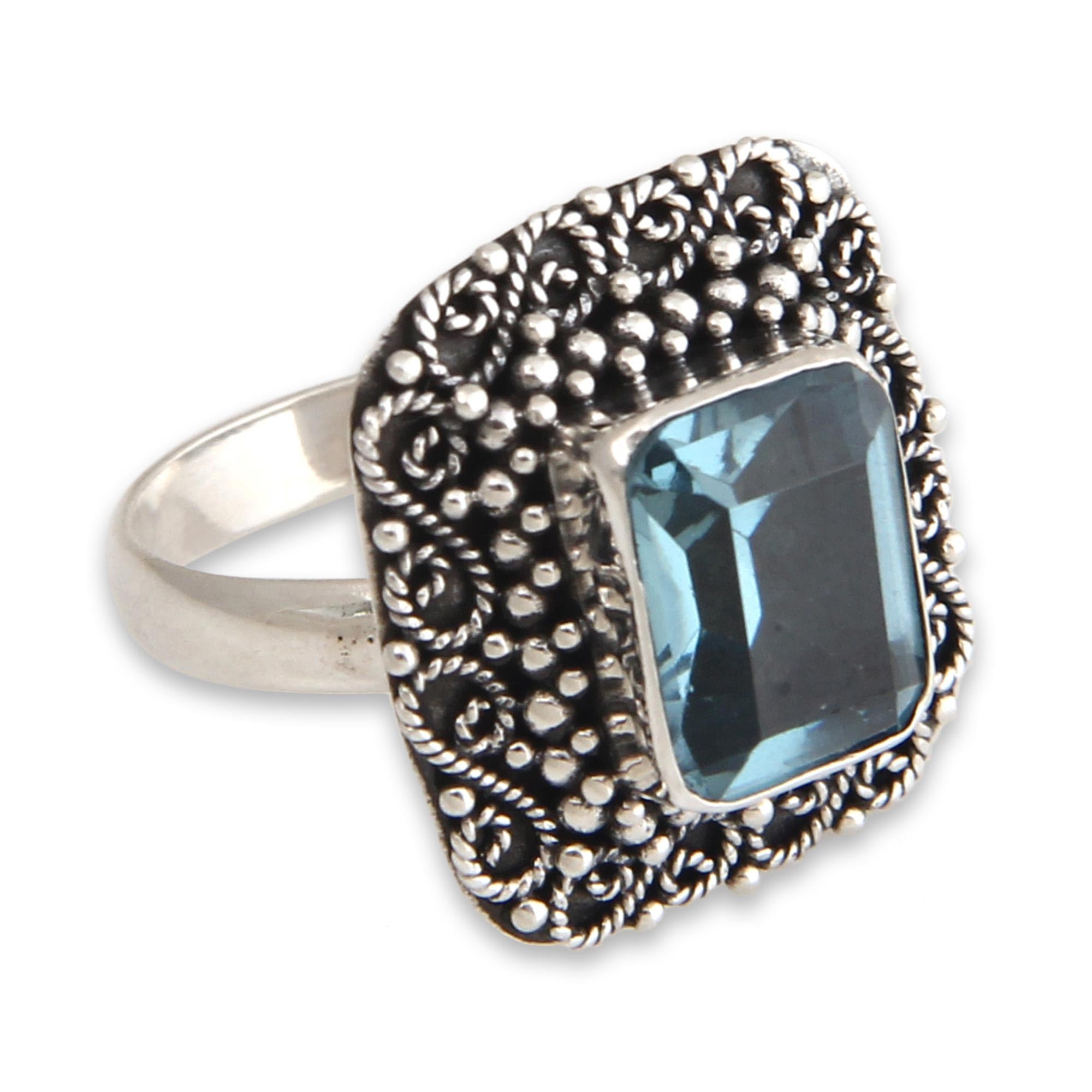 NOVICA Artisan Handmade Blue Topaz Cocktail Ring Sterling Silver Single Stone Indonesia Placid Serenity Birthstone [crownbezel 0.7 in L x 0.7 in W x 0.2 in H Band Width 3 mm W] ' Java Skies'