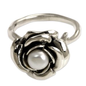 NOVICA Artisan Handmade Pearl Flower Ring Crafted Sterling Silver White Single Stone Indonesia Floral Birthstone Peace [crownbezel 0.4 in H x 0.6 in Diam. Band Width 2 mm W] ' White Rose'