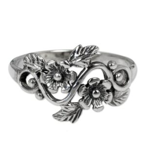 NOVICA Artisan Handmade Sterling Silver Flower Ring Leaf Band from Thailand No Stone Floral [crownbezel 0.5 in L x 0.6 in W Band Width 2 mm W] ' Siam Bouquet'