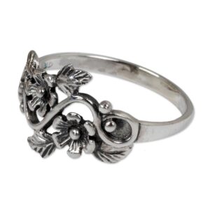 NOVICA Artisan Handmade Sterling Silver Flower Ring Leaf Band from Thailand No Stone Floral [crownbezel 0.5 in L x 0.6 in W Band Width 2 mm W] ' Siam Bouquet'