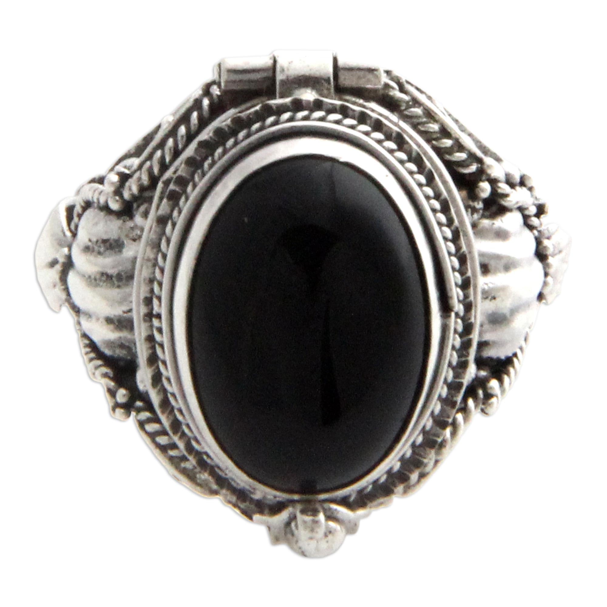 NOVICA Artisan Handmade Onyx Cocktail Ring Sterling Silver with Top Compartment Black Locket Indonesia Birthstone [crownbezel 0.5 in L x 0.8 in W x 0.4 in H Band Width 3 mm W] ' Goth Secrets'