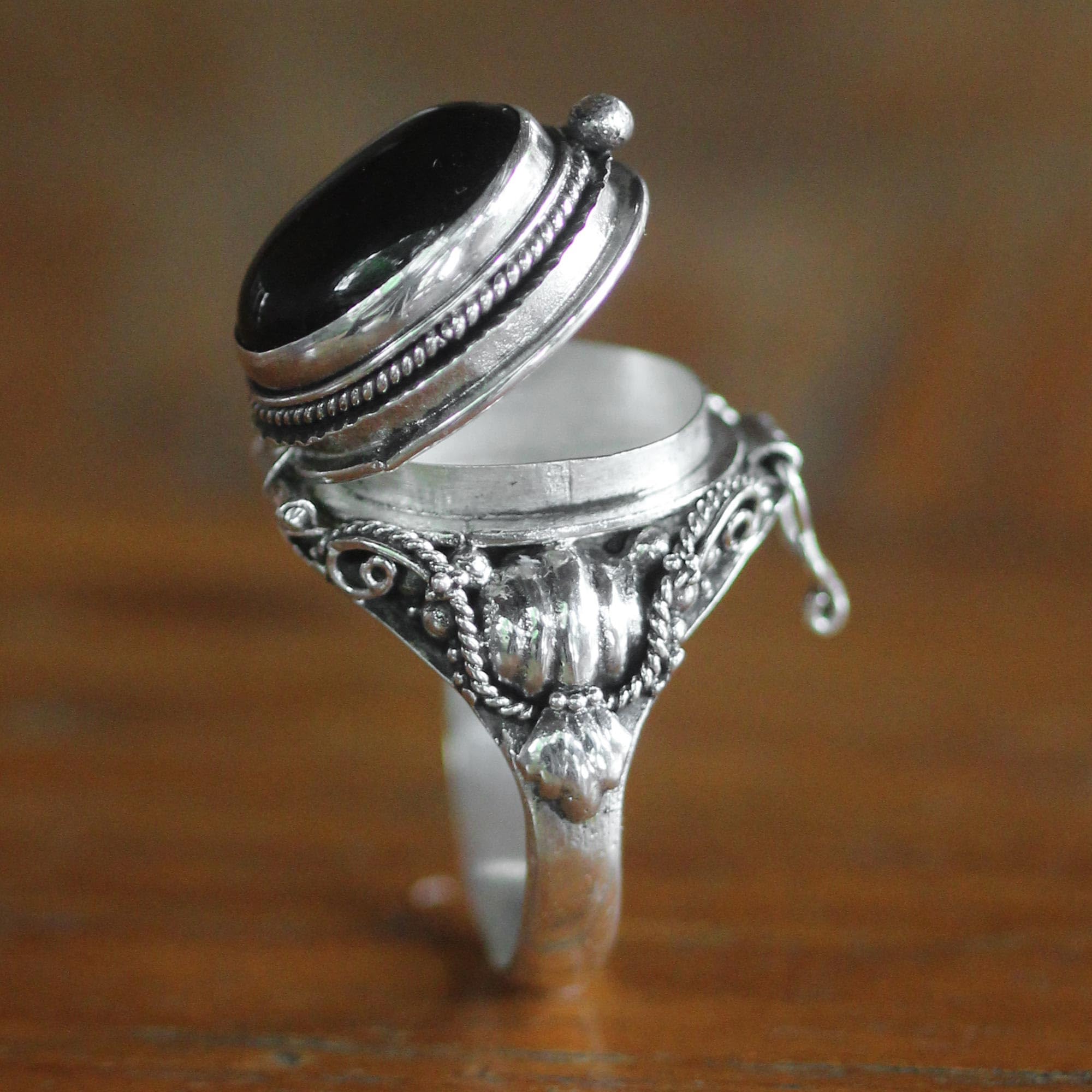 NOVICA Artisan Handmade Onyx Cocktail Ring Sterling Silver with Top Compartment Black Locket Indonesia Birthstone [crownbezel 0.5 in L x 0.8 in W x 0.4 in H Band Width 3 mm W] ' Goth Secrets'