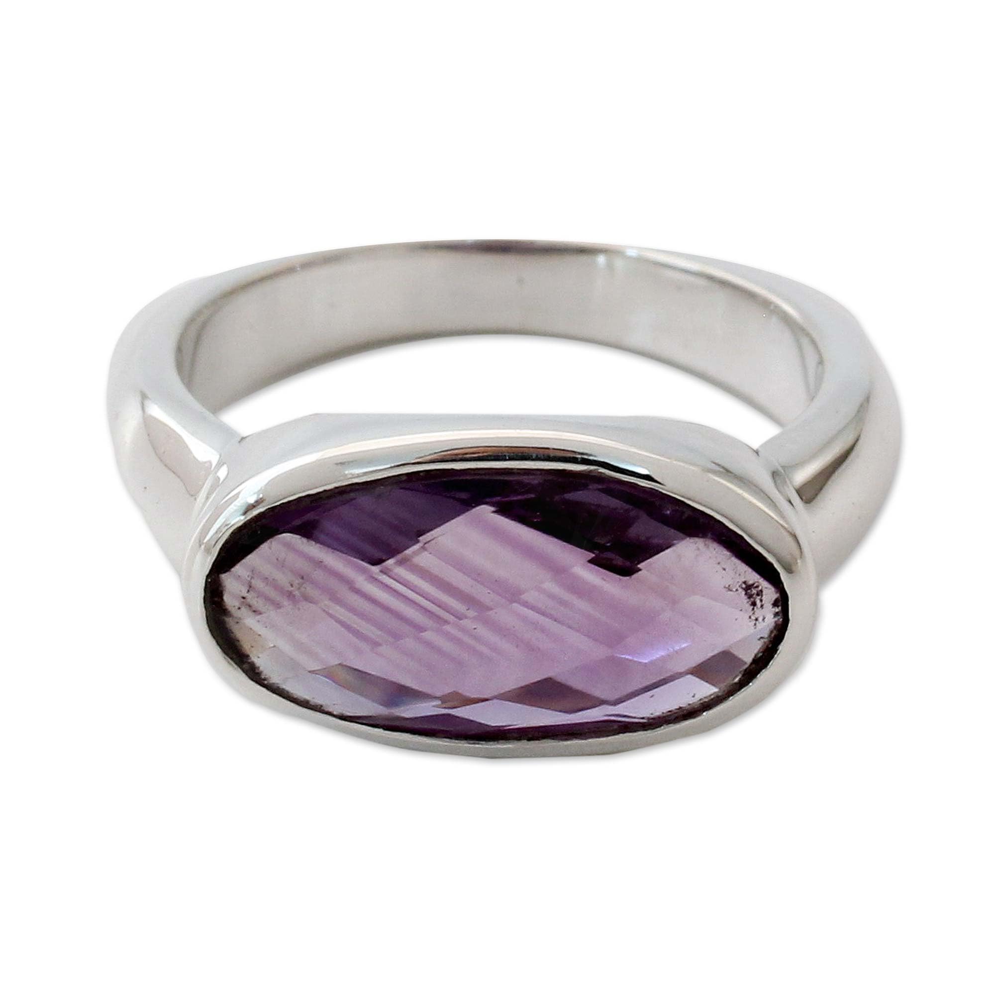 NOVICA Artisan Handmade Amethyst Cocktail Ring Three Carat Sterling Silver Purple Single Stone India Birthstone [crownbezel 0.6 in L x 0.3 in W x 0.2 in H Band Width 2 mm W] ' Purple Crown'