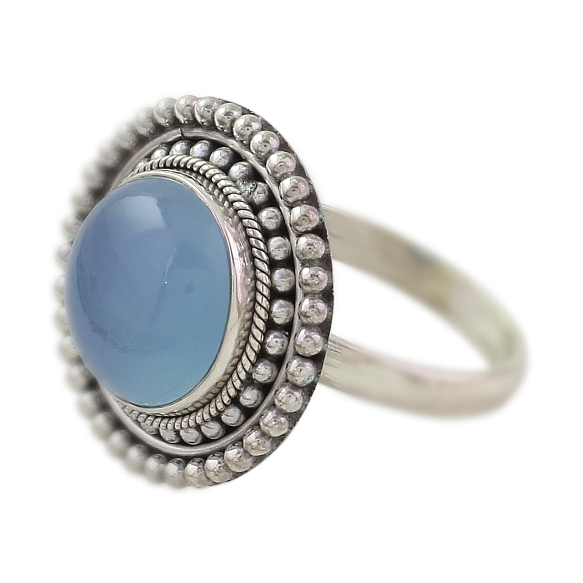 NOVICA Artisan Handmade Blue Chalcedony Cocktail Ring Round Sterling Silver India Gemstone [ring Front 0.3 in H x 0.9 in Diam. Band Width 3 mm W] ' Azure Skies'