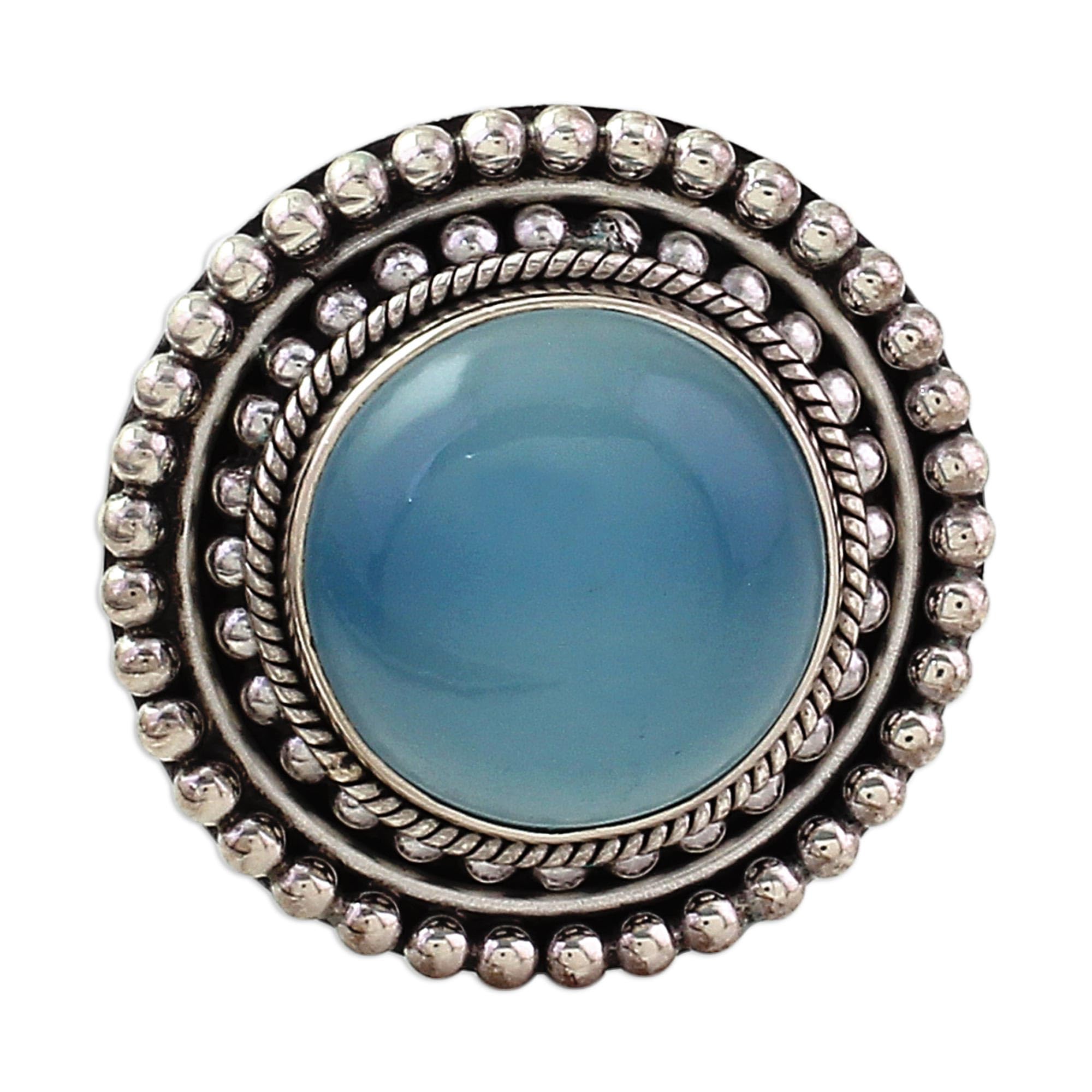 NOVICA Artisan Handmade Blue Chalcedony Cocktail Ring Round Sterling Silver India Gemstone [ring Front 0.3 in H x 0.9 in Diam. Band Width 3 mm W] ' Azure Skies'