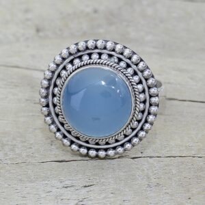 NOVICA Artisan Handmade Blue Chalcedony Cocktail Ring Round Sterling Silver India Gemstone [ring Front 0.3 in H x 0.9 in Diam. Band Width 3 mm W] ' Azure Skies'