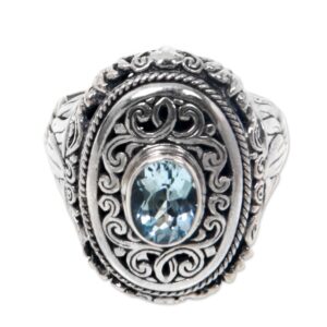 novica artisan handmade blue topaz cocktail ring 1.5 carat sterling silver single stone indonesia serenity airy birthstone [crownbezel 1 in l x 0.7 in w x 0.4 in d band width 4 mm w] ' island blue'