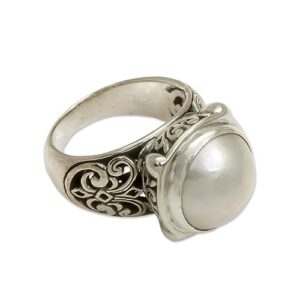 novica artisan handmade cultured pearl cocktail ring mabe sterling silver white indonesia birthstone moon [crownbezel 0.6 in l x 0.6 in w x 0.5 in h band width 5 mm w] ' graceful moon'