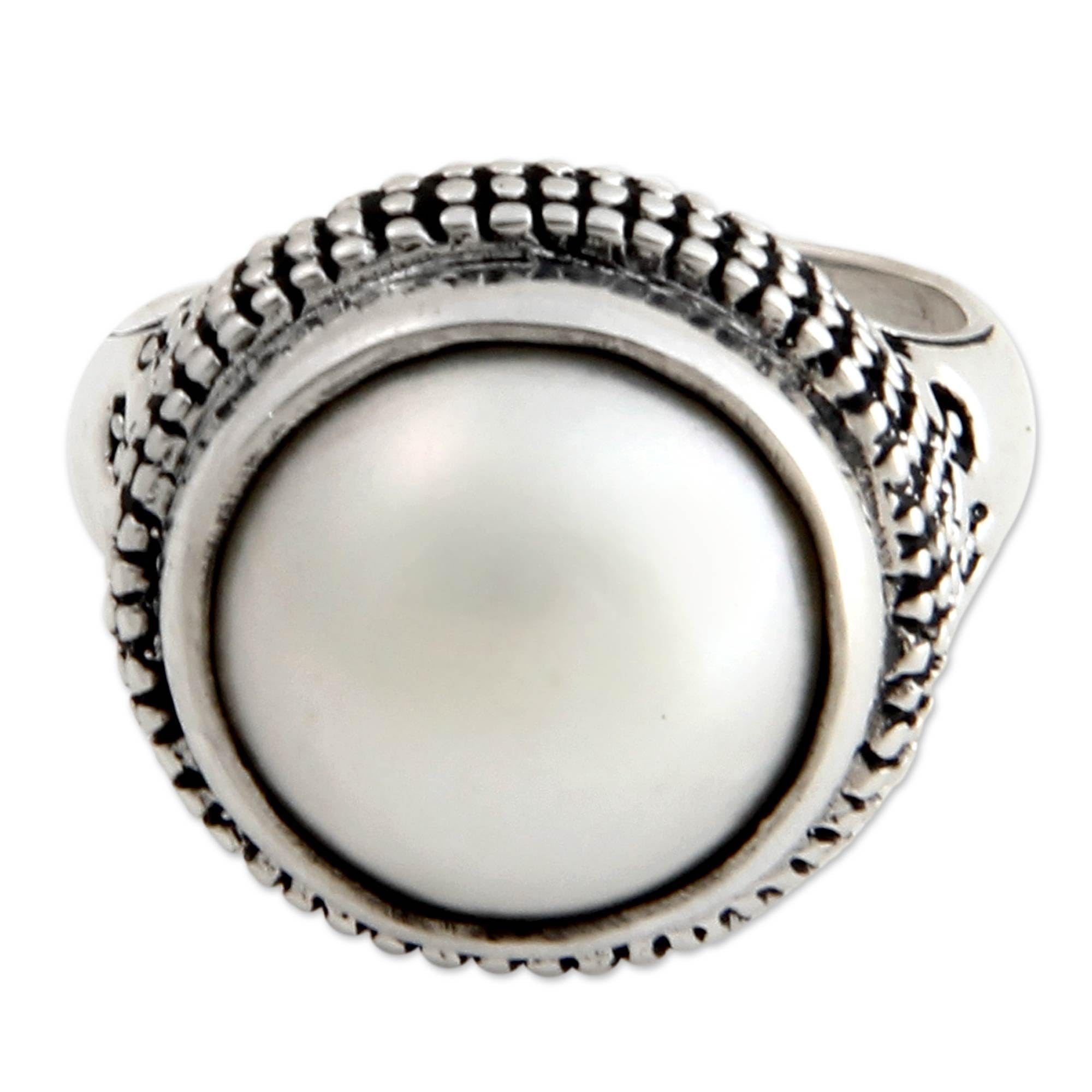 NOVICA Artisan Handcrafted Cultured Pearl Domed Ring Sterling Silver Mabe White Indonesia Birthstone [crownbezel 0.7 in L x 0.7 in W x 0.4 in H Band Width 3 mm W] ' Moon Mystique'