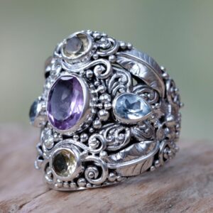 NOVICA Artisan Handmade Amethyst Blue Topaz Cocktail Ring Balinese Silver Sterling Citrine Multigem Multicolor Purple Yellow Stone Indonesia Animal Themed Birthstone Traditional Butterfly [band Width]