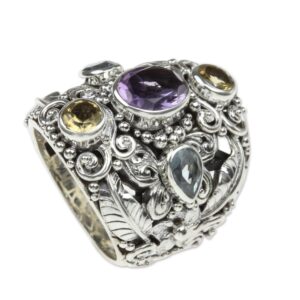 NOVICA Artisan Handmade Amethyst Blue Topaz Cocktail Ring Balinese Silver Sterling Citrine Multigem Multicolor Purple Yellow Stone Indonesia Animal Themed Birthstone Traditional Butterfly [band Width]