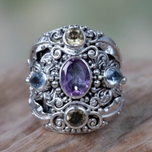 NOVICA Artisan Handmade Amethyst Blue Topaz Cocktail Ring Balinese Silver Sterling Citrine Multigem Multicolor Purple Yellow Stone Indonesia Animal Themed Birthstone Traditional Butterfly [band Width]