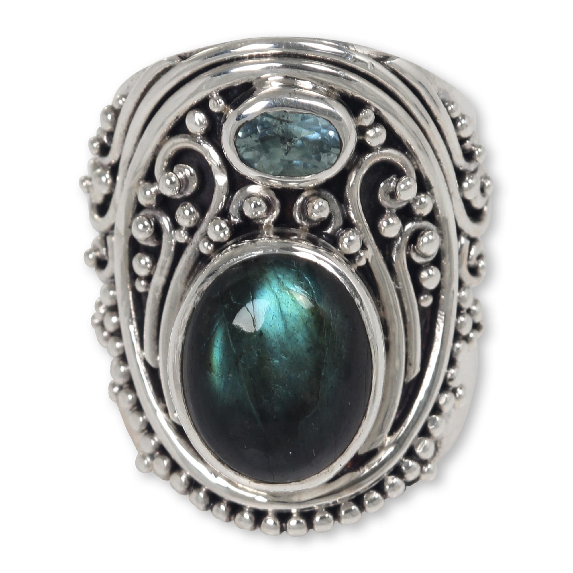 NOVICA Artisan Handcrafted Labradorite Blue Topaz Cocktail Ring Balinese Silver Sterling Grey Indonesia Birthstone [ring Front 1 in L x 0.8 in W x 0.4 in H Band Width 7 mm W] ' Misty Starlight'