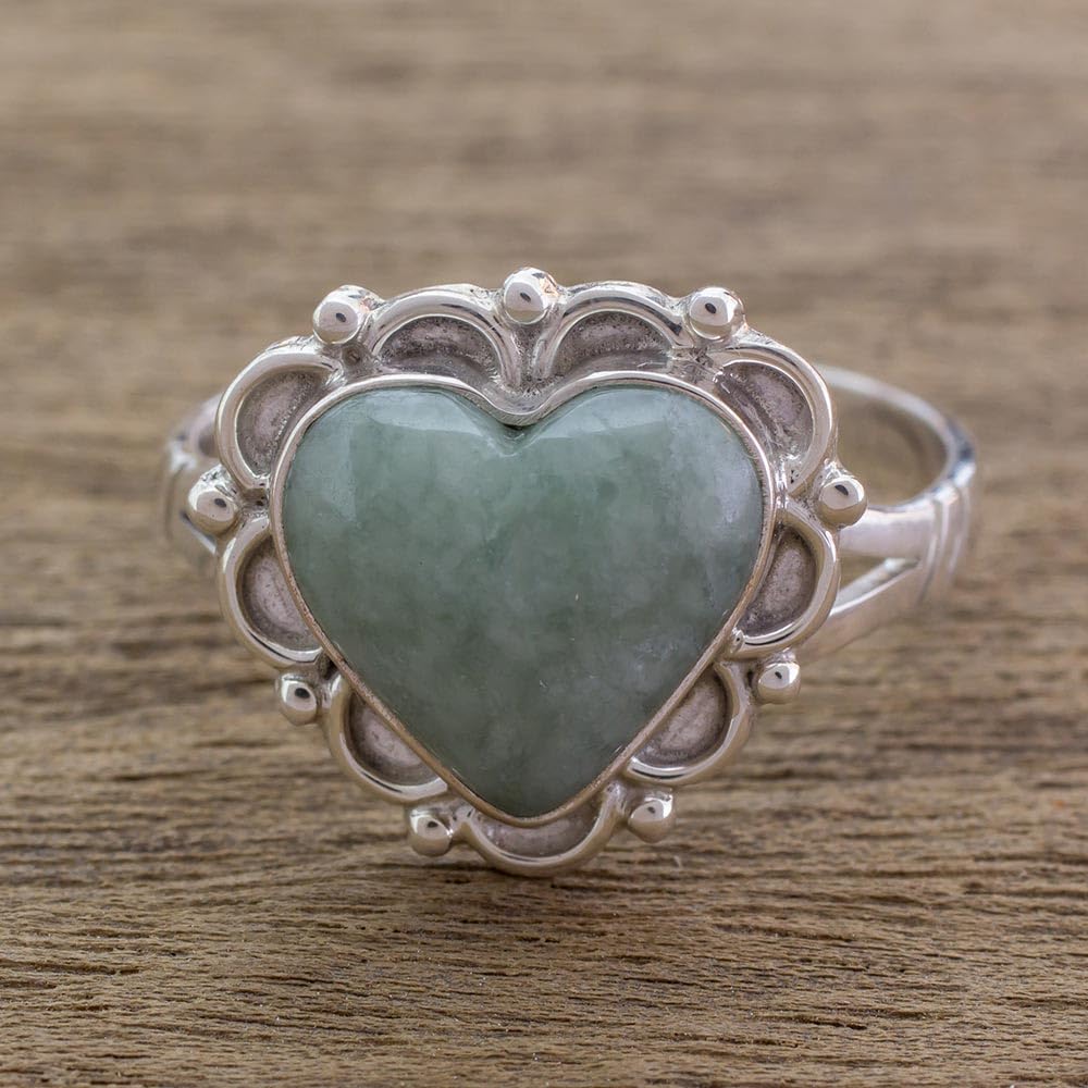 NOVICA Artisan Handcrafted Jade Heart Ring Hearts on Sterling Silver Green Cocktail Guatemala [crownbezel 0.6 in L x 0.6 in W x 0.2 in H Band Width 3 mm W] ' Zinnia Love'