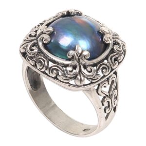 NOVICA Artisan Handmade Cultured Mabe Pearl Cocktail Ring Sterling Silver Floral Motif Blue Indonesia Birthstone [ring Front 0.7 in L x 0.7 in W x 0.4 in H Band Width 4 mm W] ' Blue Lunar'